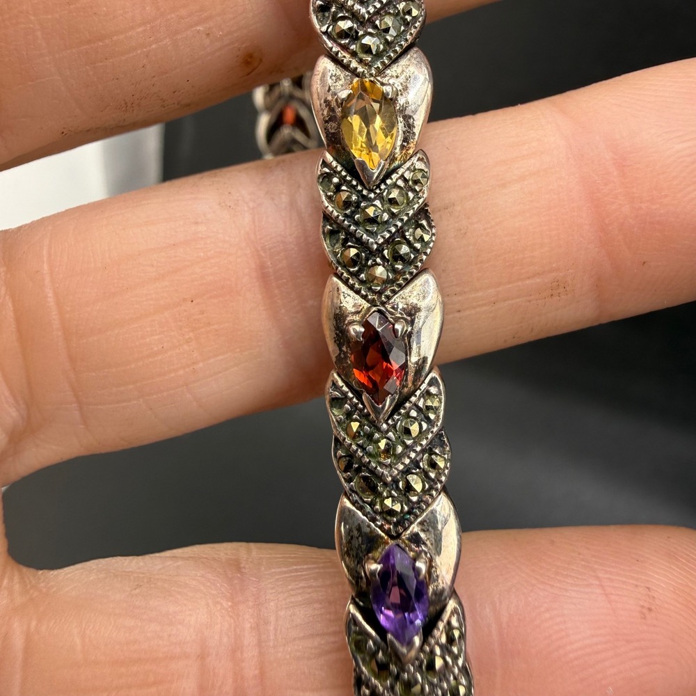 Vintage Bracelet Sterling Silver Multi Stone Marcasite Chevron Link 7in